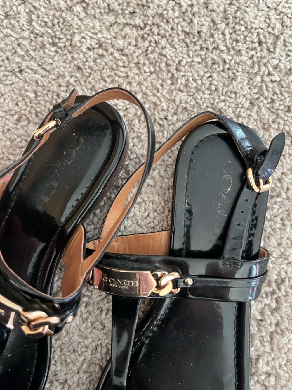 Coach Black Patent Thong Sandals with Gold Hardware - Picture 3 of 5